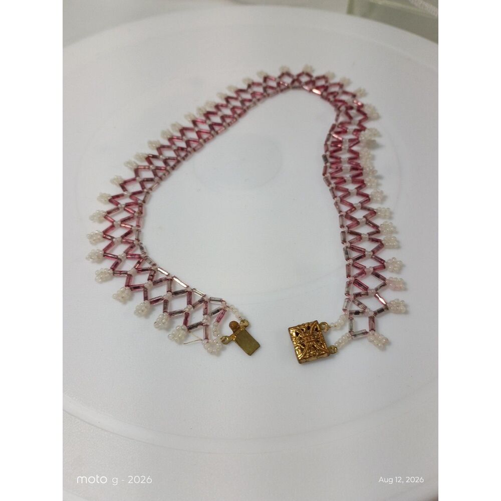 Vintage Pink & Red Multi Strand Woven Bead Necklace | Layered Lattice Statement